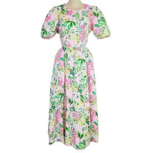 Lilly Pulitzer Lyssa Midi Dress Puff Sleeve‎ Floral Pink Green Tiered Cutout 4